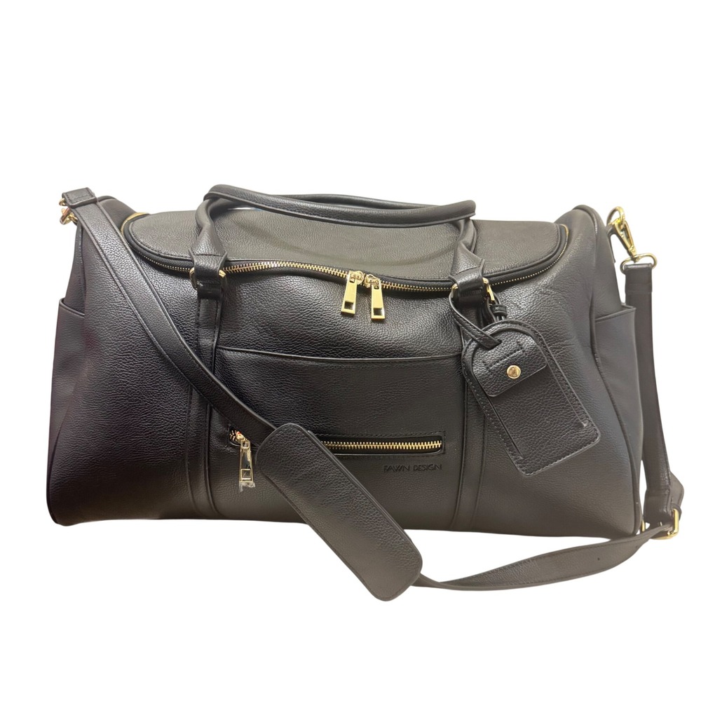 FAWN DESIGN The Weekender‎ Duffel Bag Black Leather Gold Hardware Travel Luggage